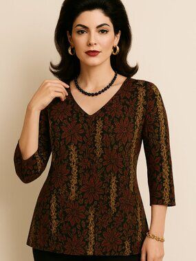 Sarah Bentley 3X Floral Print Boho Knit Tunic V Neck Top